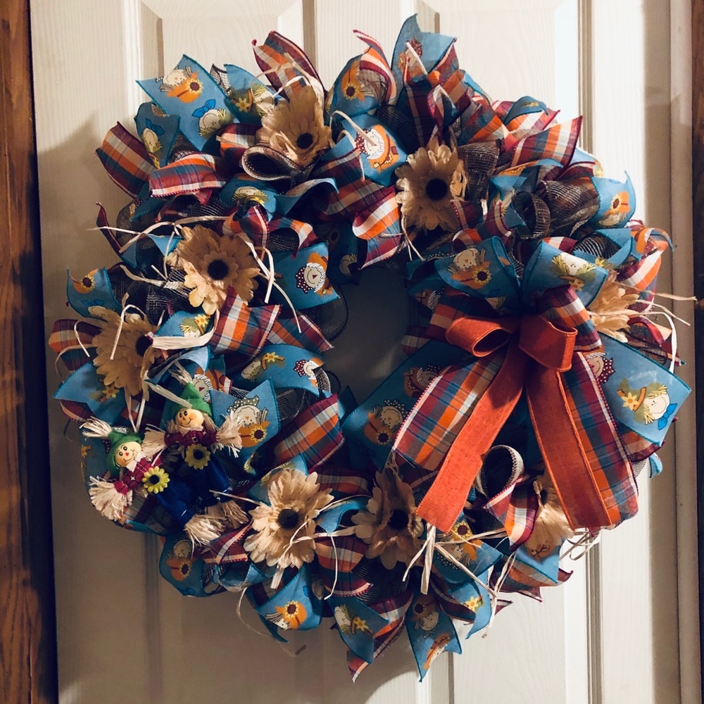 Scarecrow themed deco mesh front door fall wreath